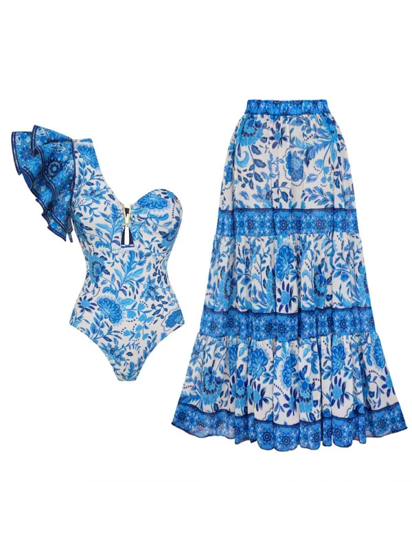 2PCS Blue 1950s One-Shoulder Print Swimsuit & Cover-Up Floral Bikini Top