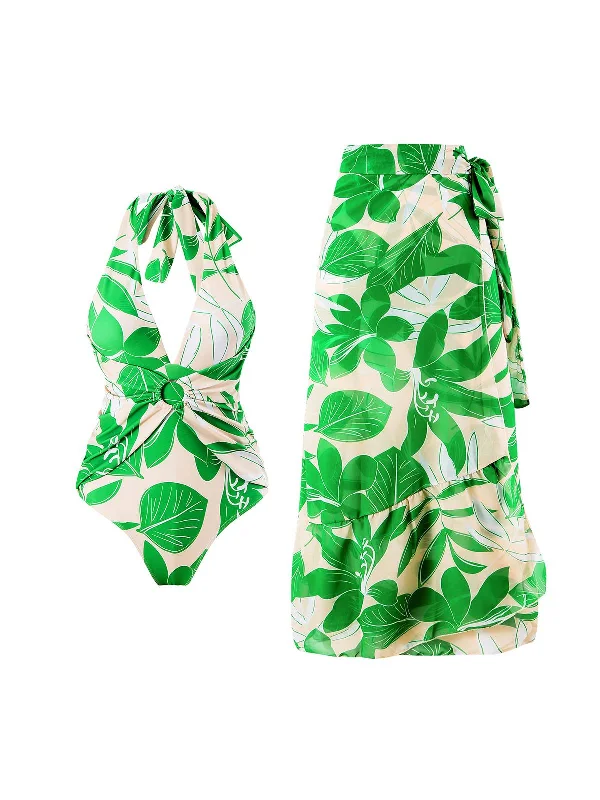 2PCS Green 1960s Plant Prints Halter Swimsuit & Long Cover-Up Chic Beach Cover-Up