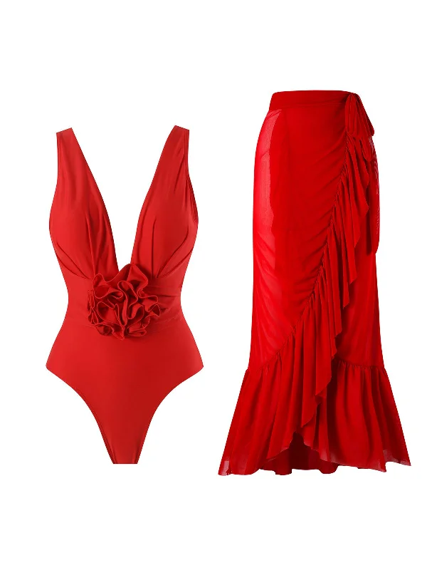 2PCS Red 1960s Solid 3D Flowers Swimsuit & Cover-Up Swim Skirt Set