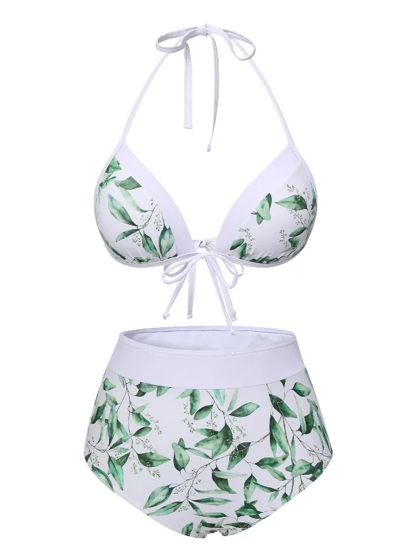 3PCS Light Green 1940s Spaghetti Straps Leaves Swimsuit Classic One-Piece