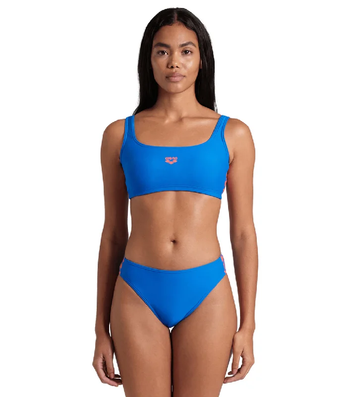 Arena Women's Icons Solid Bralette Two Piece Swimsuit Set Blue China/Calypso Coral Tropical Print Bikini