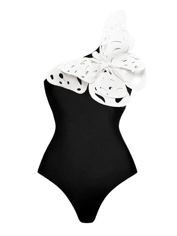 Black 1930s 3D-Butterfly One-Shoulder Swimsuit Swim Skirt Set