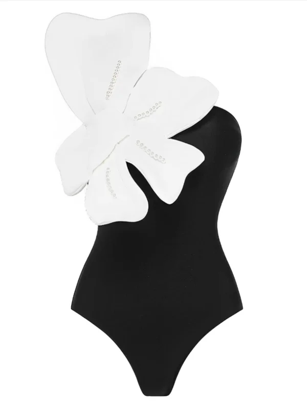 Black 1930s 3D Pearl Floral One-Piece Swimsuit Classic Sporty Swimsuit