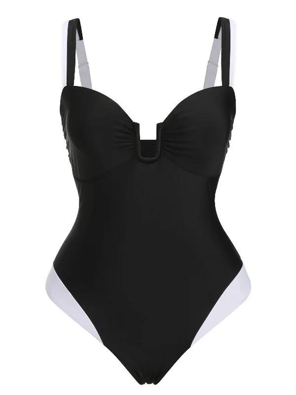 Black 1930s Spaghetti Strap One-Piece Swimsuit Stylish Cover-Up Set