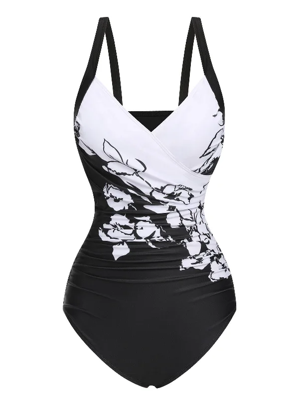 Black 1930s Wide-Straps Flowers Swimsuit Solid Color Swimsuit