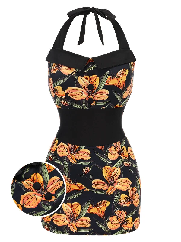 Black 1950s Antique Flower Lapel Swimsuit Soft Beachwear Set