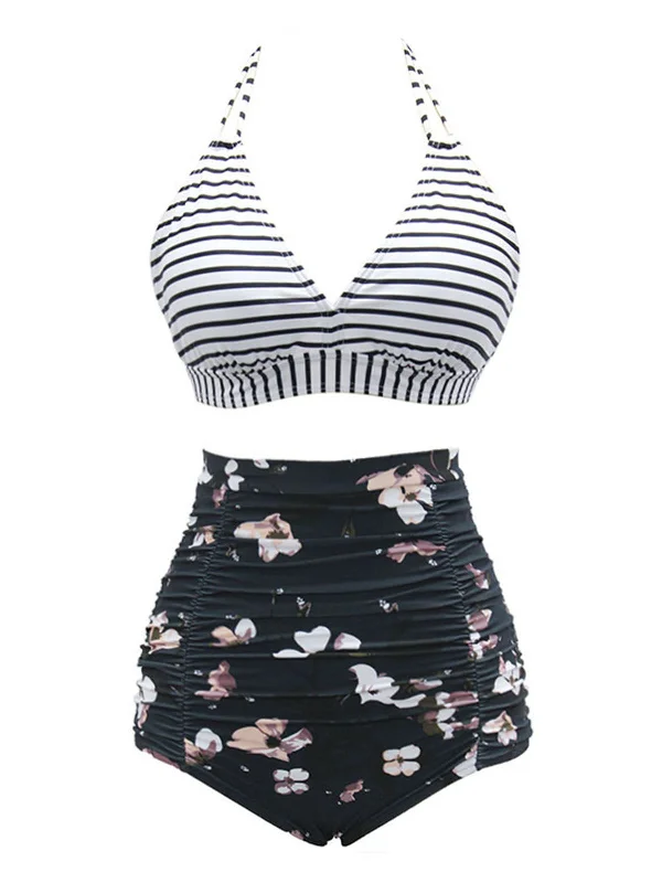 Black 1950s Halter Floral Stripes Swimsuit Retro-Inspired Bikini Set