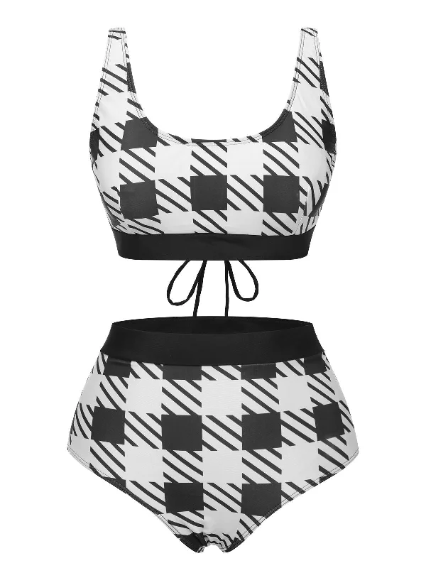 Black 1950s Plaid Wide Strap Swimsuit Solid Color Swimsuit