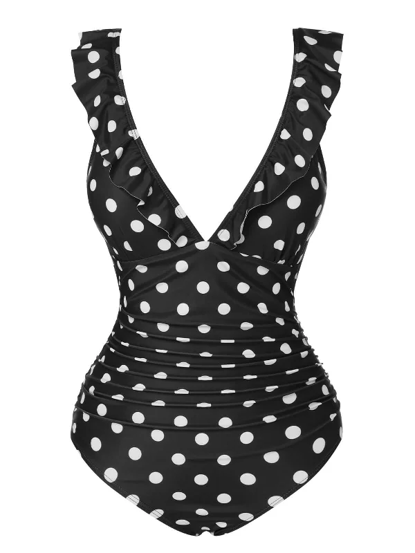 Black 1950s Polka Dot Ruffle V-Neck Swimsuit Playful Pattern Swimsuit