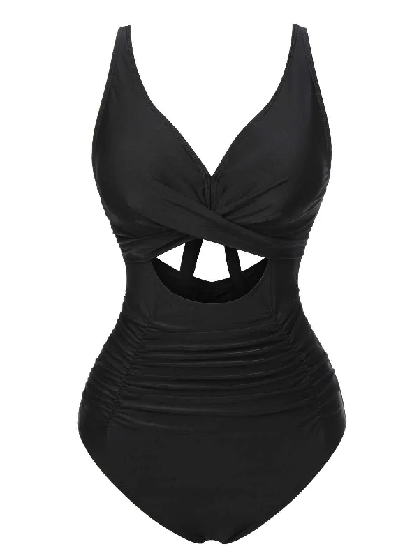 Black 1950s Strap Hollow One-Piece Swimsuit Classic Swimsuit Design