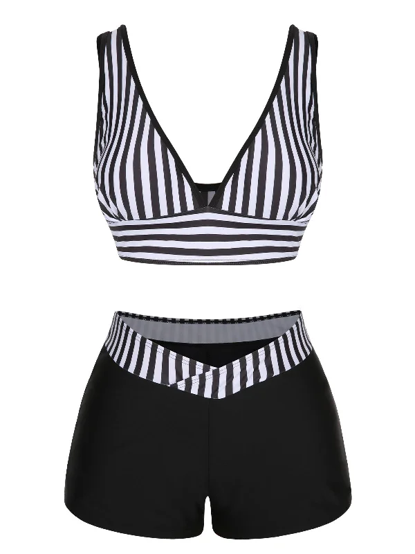 Black 1950s Stripe Binding V-Neck Swimsuit Fun Pattern Swimsuit