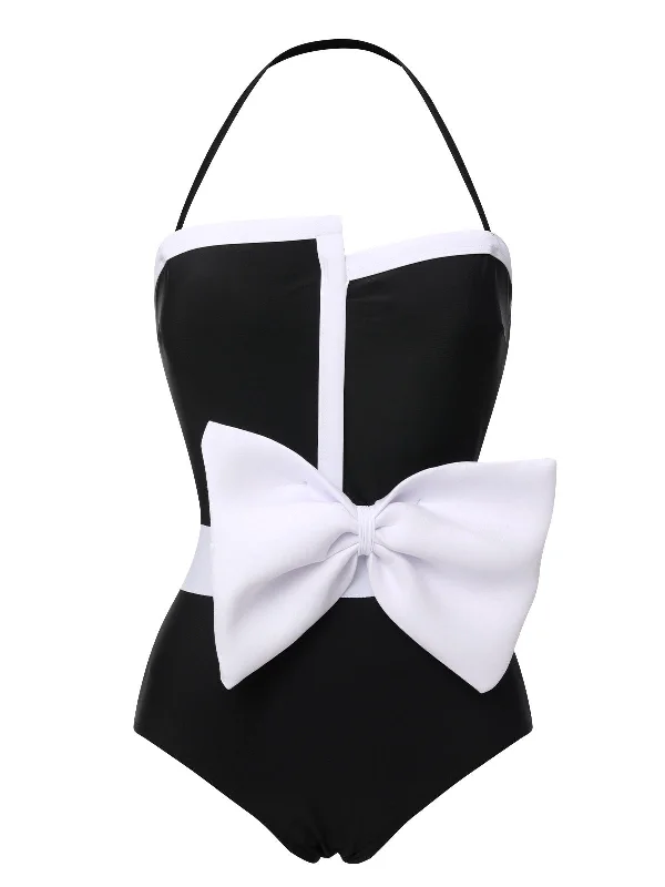 Black 1960s Halter Bow Colorblock Swimsuit Push-Up Bikini Bottoms