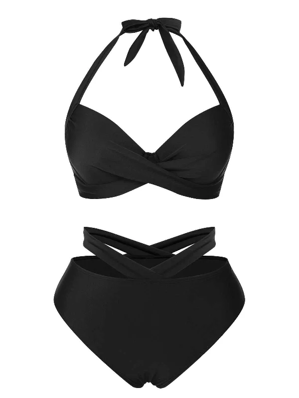 Black 1960s Halter Solid Swimsuit High-Waisted Swim Bottoms