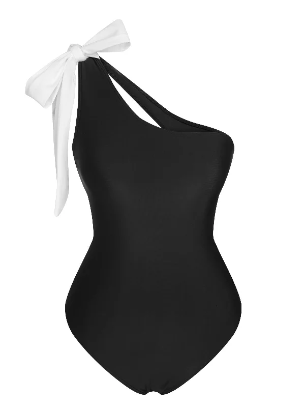 Black 1960s Solid Shoulder Tie One-Piece Swimsuit Elegant Swimsuit Bottoms