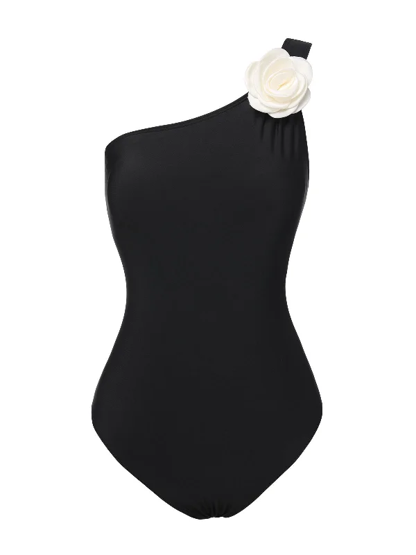 Black 1970s 3D Flower One-Shoulder Swimsuit Sexy Cutout Swimsuit