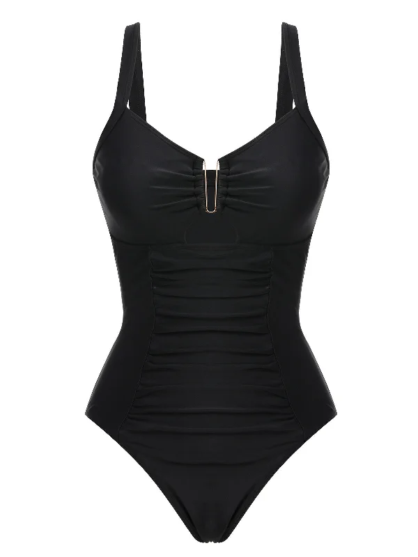 Black 1970s Solid Cutout One-Piece Swimsuit Sleek Mesh Bikini