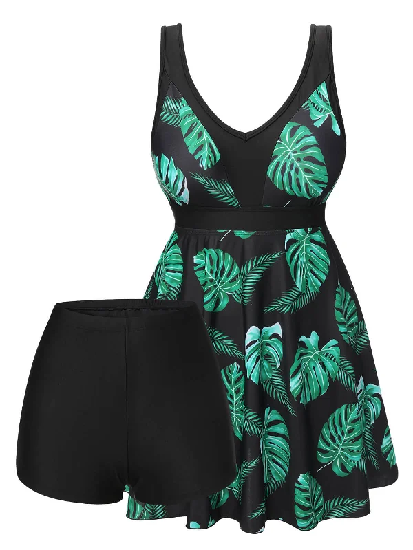 Black & Green 1950s Tropical Skirted Swimsuit Quick-Dry Tankini