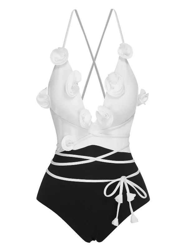 Black & White 1950s 3D Flowers Lace-Up Swimsuit Sexy Two-Piece Set