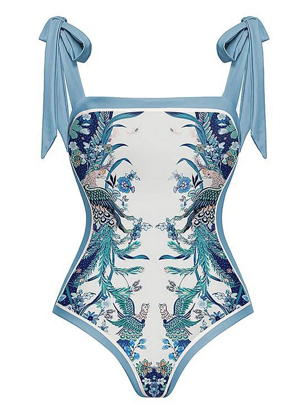 Blue 1930s Straps Reversible Swimsuit Chic Swimsuit Cover-Up