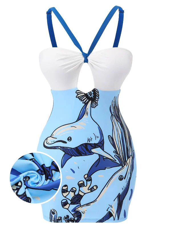 Blue 1940s Dolphin Halter One-piece Swimsuit Swim Skirt Set