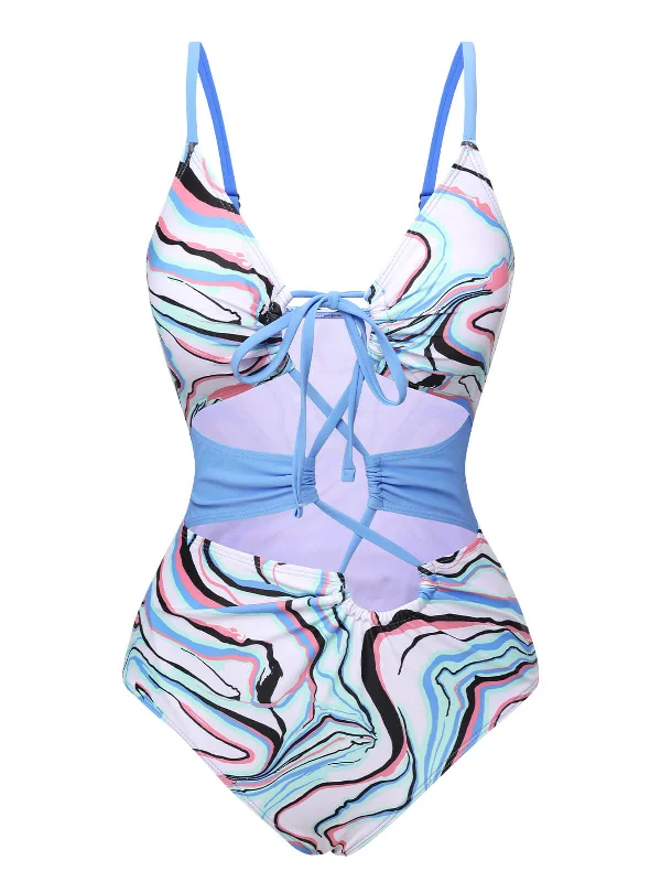 Blue 1940s Marble Print Hollow One-Piece Swimsuit Strap Bikini Set