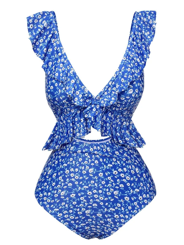 Blue 1950s Floral Ruffles One-Piece Swimsuit Casual Swim Dress