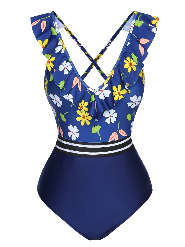 Blue 1970s Flowers Patchwork One-Piece Swimsuit Elegant Halter Bikini