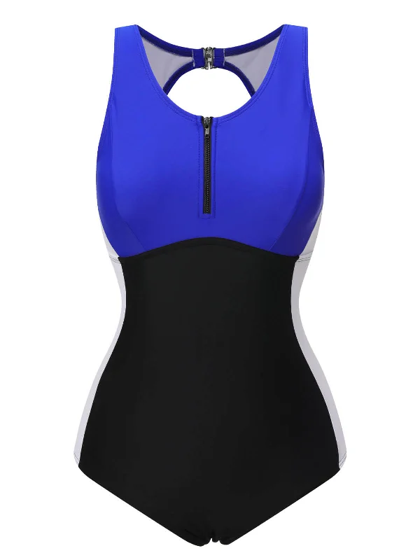 Blue Black White 1930s Color Block Swimsuit Stylish Cover-Up Set