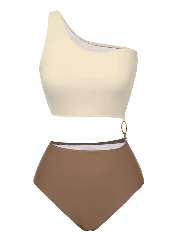 Brown 1930s Metal Button One-Shoulder Swimsuit Sexy Swimwear Set