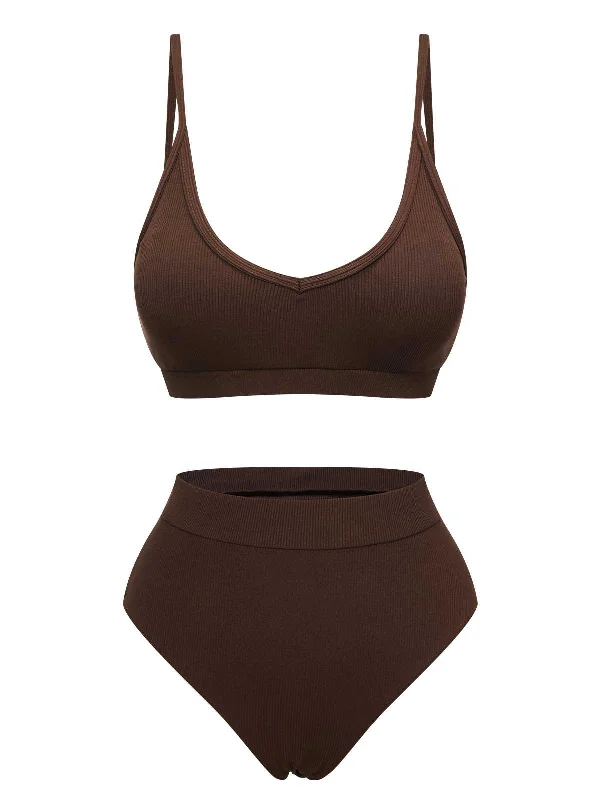 Brown 1950s Spaghetti Strap Solid Swimsuit Lace-Detail Bikini Set