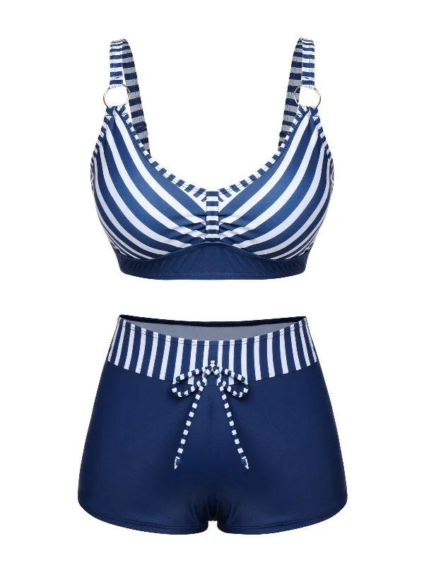 Dark Blue 1940s Stripes Strap Drawstring Swimsuit Trendy Swimwear Set