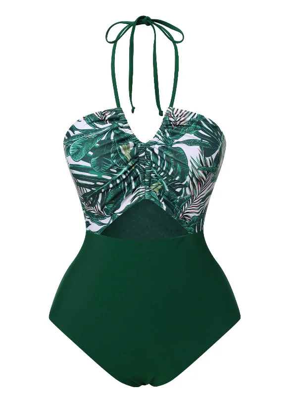 Green 1940s Tropical Hollow Out One-Piece Swimsuit Lace-Detail Bikini Set