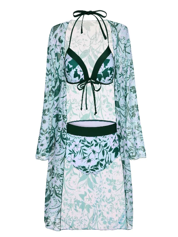 Green 1950s Halter Plants Print Swimsuit & Cover-Up Classic Sporty Swimsuit