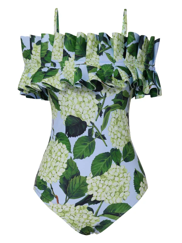 Green 1950s Hydrangea Floral Cold-Shoulder Swimsuit Soft Beachwear Set