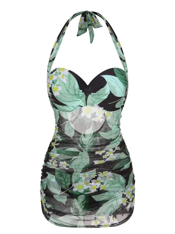 Green 1950s Plants Wrinkles Halter Swimsuit Sexy Two-Piece Set