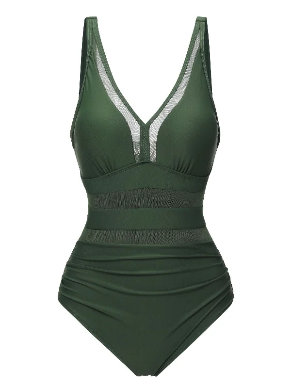 Green 1950s Solid V-Neck Lace Patchwork Swimsuit Plunge Neckline Swimsuit