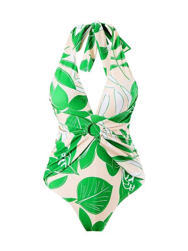 Green 1960s Plant Prints Halter One-Piece Swimsuit Sexy Monokini Swimsuit