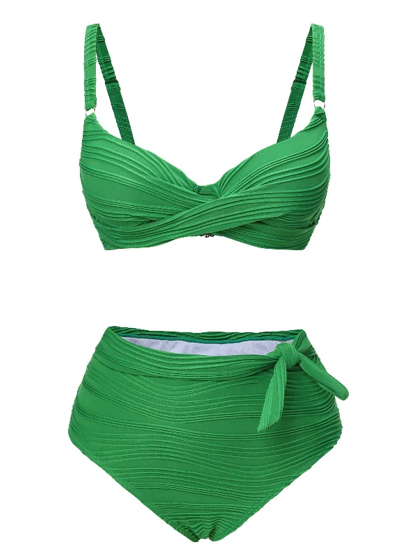 Green 1960s Pleated Solid Swimsuit Classic Swimsuit Design