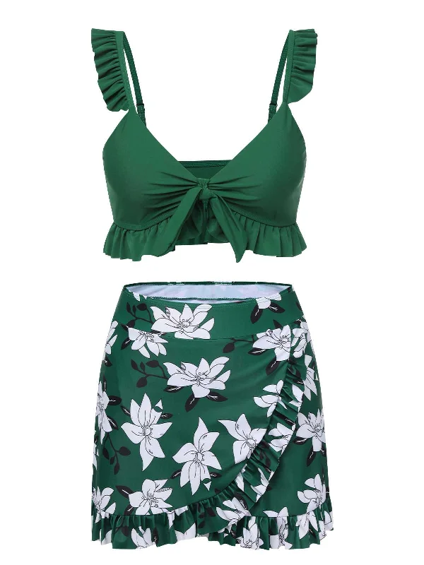 Green 1960s Strap Floral Ruffles Swimsuit Soft Beachwear Set