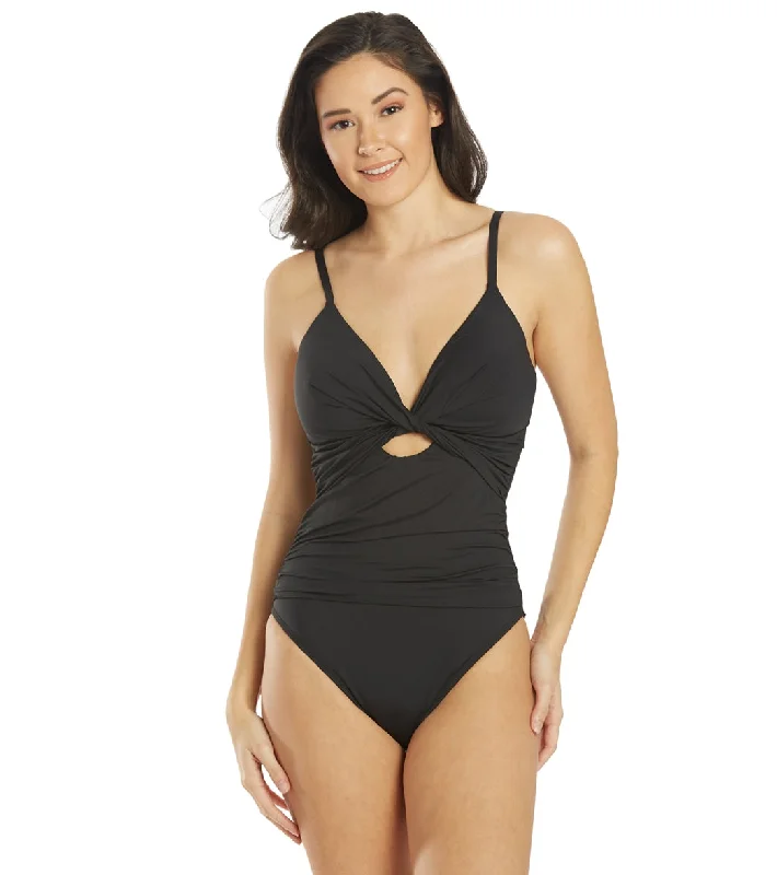 La Blanca Women's Island Goddess Twist Keyhole One Piece Swimsuit Black Beach Ready Swimsuit