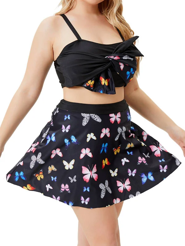 [Plus Size] Black Vintage Butterfly Strap Swimsuit Sporty Swimsuit Style