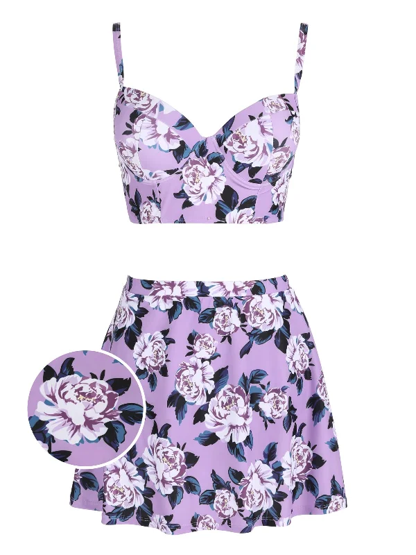 [Plus Size] Lavender Peony Retro Strap Swimsuit Elegant Halter Bikini