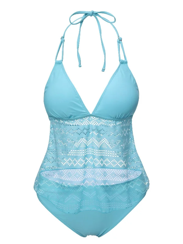 Light Blue 1930s Lace Hollow Halter Swimsuit Stylish Swimsuit Set