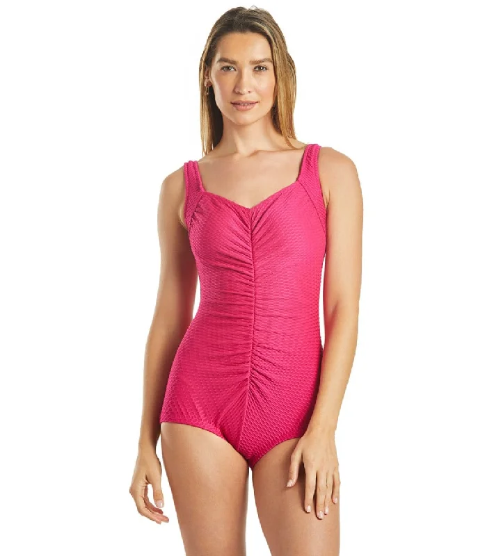 Maxine Chlorine Resistant  Textured Shirred Girl Leg One Piece Swimsuit Shiny One-Piece Swimsuit