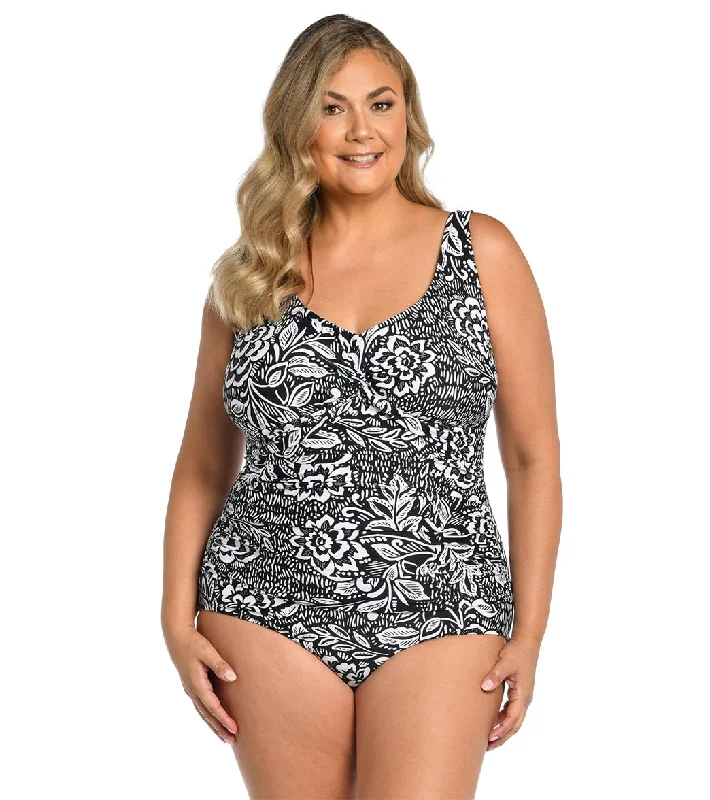 Maxine Women's Plus Size Tahitian Tribe Floral Twist Front One Piece Swimsuit Black Trendy Swimwear Set