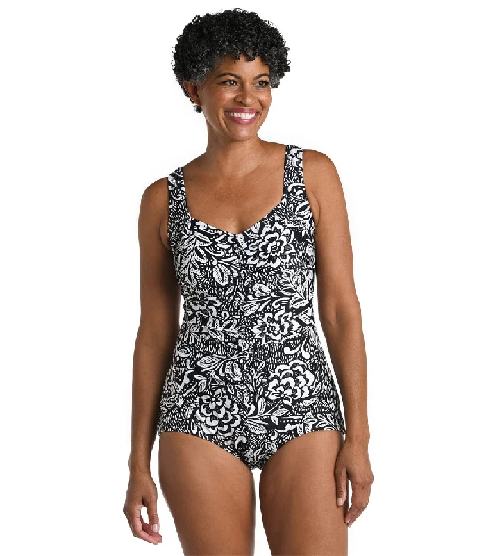 Maxine Women's Tahitian Tribe Floral Shirred Front Girl Leg One Piece Swimsuit Sporty Swimsuit Style