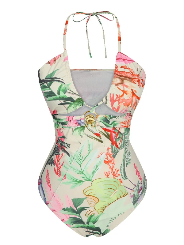 Multicolor 1960s Chest Buckle One-Piece Swimsuit Sexy Cutout Swimsuit