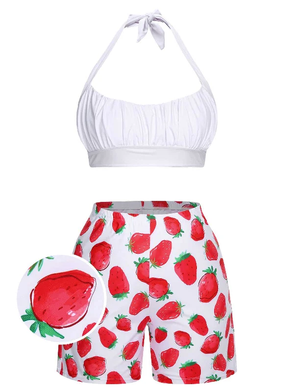 [Plus Size] 1930s Halter Strawberry Swimsuit Set Swimsuit with Skirt