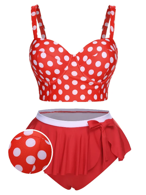 [Plus Size] 1930s Polka Dot Suspender Swimsuit Set Sporty Swimwear Bottoms