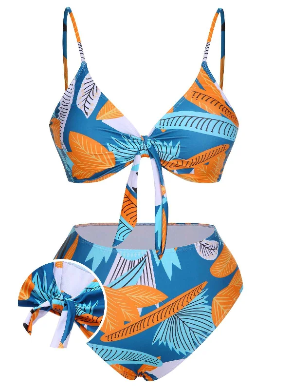 [Plus Size] 1940s Spaghetti Strap Print Swimsuit & Cover-Up Elegant Ruffled Bikini